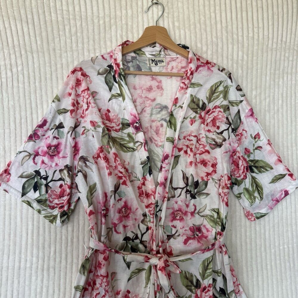 Show Me Your Mumu Robe Kimono Womens OS One Size White Pink Floral Belted Cardi - Picture 8 of 10